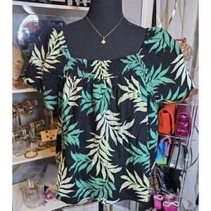 Women’s Tropical Leaf Blouse XL 16-18 Black Green Smocked Square Neck Puff...